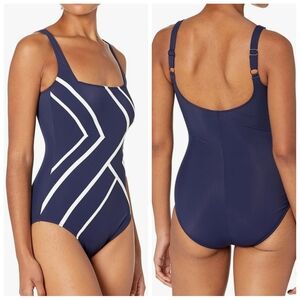 Gottex Mirage Square Neck Tummy Control One-Piece Swimsuit Navy White | Size 14